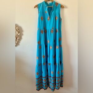 Tensione in Turquoise Blue Embroidered Tiered Cotton Italy Maxi Dress - Size S